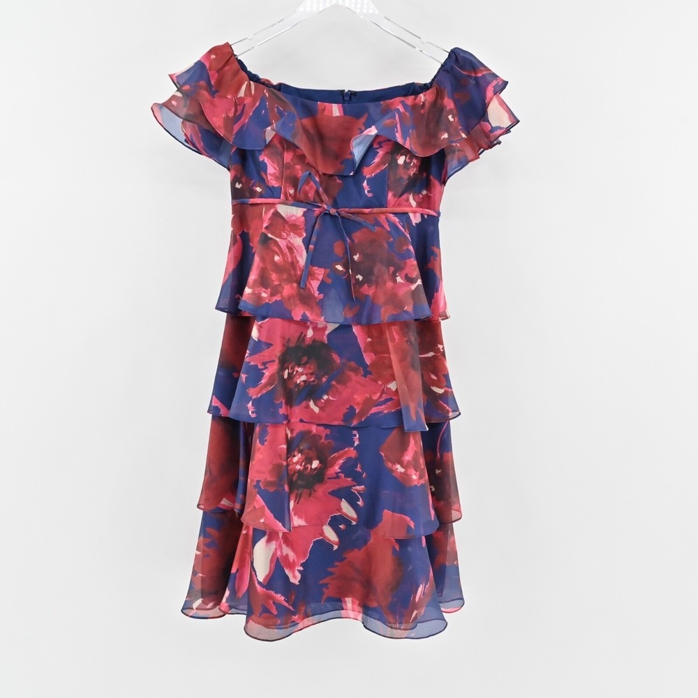 Rickie Freeman Teri Jon Floral Tiered Ruffle Dress Womens Sz 6 Navy Red Wedding - Picture 2 of 12